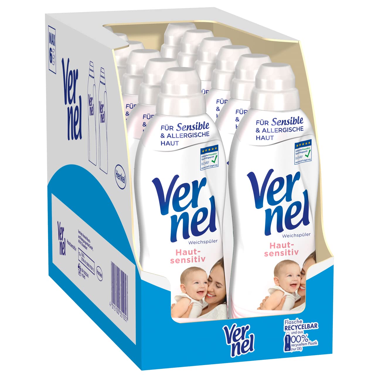 Vernel Hautsensitiv Weichspüler (12x34 Waschladungen), Wäscheduft für sensible & allergische Haut und langanhaltende Frische, recycelbare Flasche
