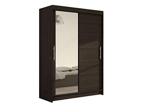 Schwebetürenschrank Kleiderschrank Miami VI mit Spiegel, Modernes Schiebetürenschrank, Schlafzimmerschrank, Garderobe, Schlafzimmer (Choco)