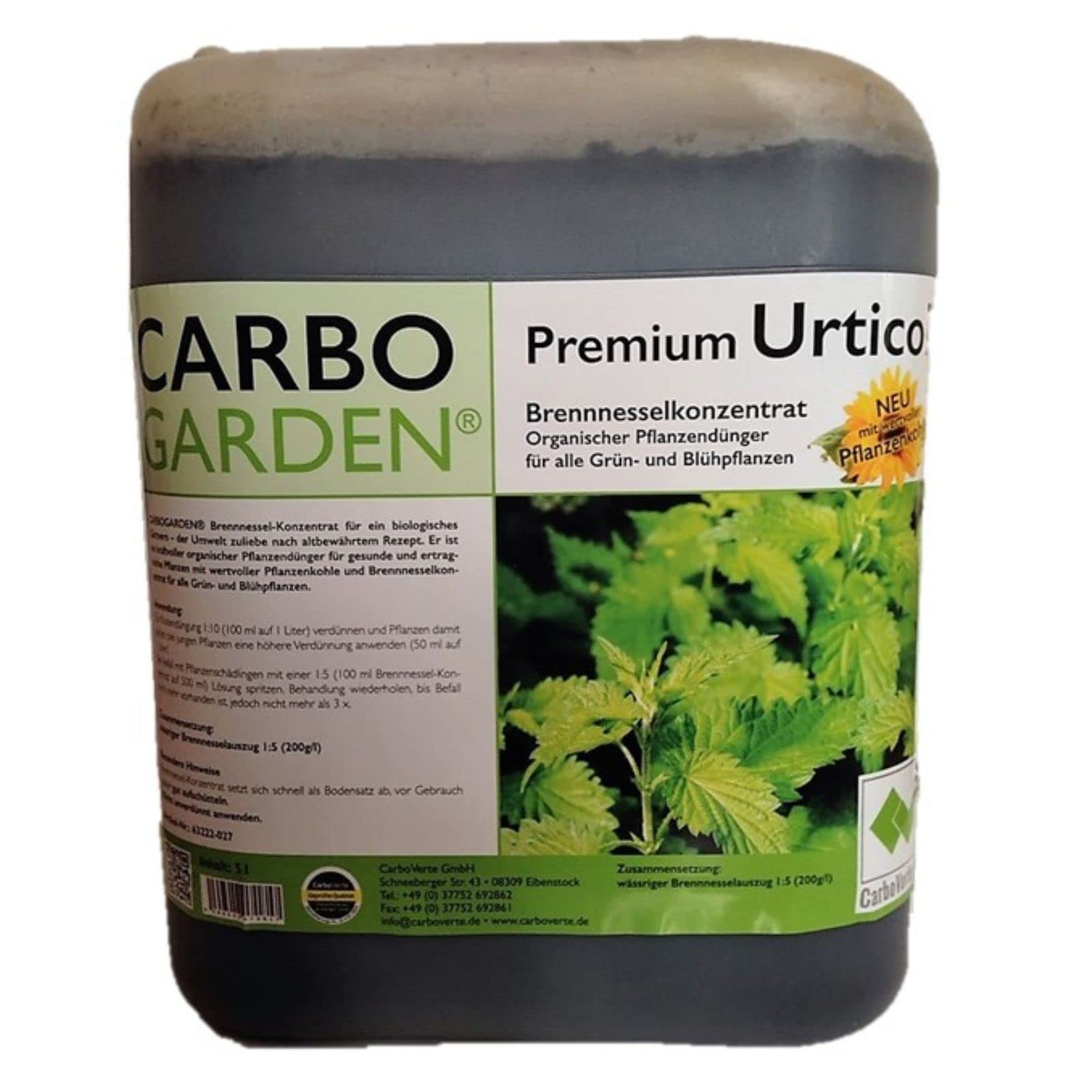 Carbo Verte Urticol Brennnesselkonzentrat 5 L, Brennnesseljauche, Brennnesselsud, Grundstoff Urtica und Pflanzenkohle geruchsarm, mit Biokohle veredelt, für gesunde und Starke Pflanzen