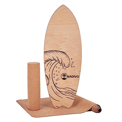 MADIVO Balanceboard 3in1 Set | Surfboard + Korkrolle + Korkmatte | Gleichgewichtstrainer Indoor & Outdoor | Balance Board aus Holz + inklusive Rolle und Matte | Surf Skateboard Koordinationstraining
