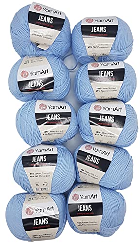 10 x 50g Strickwolle YarnArt Jeans einfarbig mit 55% Baumwolle, 500 Gramm Wolle uni (blau 75)