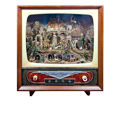 Weihnachtskrippe im Fernsehen mit Licht, Musik und Uhrwerk aus Kunstharz, 80 x 90 cm
