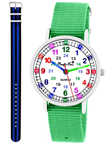 Pacific Time Kinder Armbanduhr Mädchen Jungen Lernuhr Kinderuhr Set 2 Textil Armband grün + blau-schwarz analog Quarz 11107