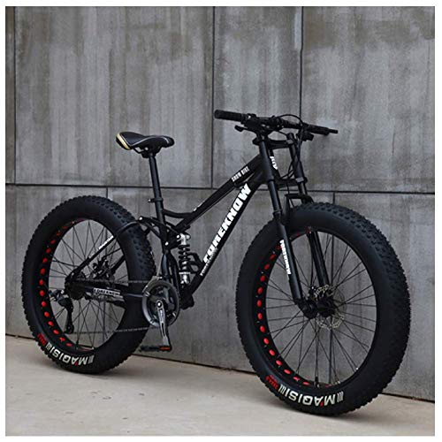 AMITD Mountainbike MTB, 26 Zoll Fette Reifen Fahrrad, Fahrrad mit Scheibenbremsen, Rahmen aus Kohlenstoffstahl, MTB Fahrrad für Herren und Damen,7 Speed,Black Spoke