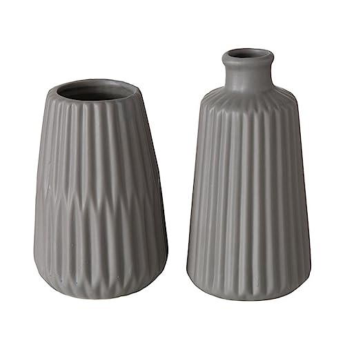 Deko Vase im 2er Set aus Keramik Mattes Design mit Rillen Höhe 18 cm Blumenvase Tischdekoration - Grau