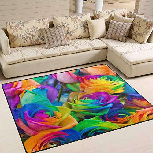 Use7 Farbenfroher Teppich mit Rosenmotiv, Regenbogenfarben, für Wohnzimmer, Schlafzimmer, 203 cm x 147,3 cm