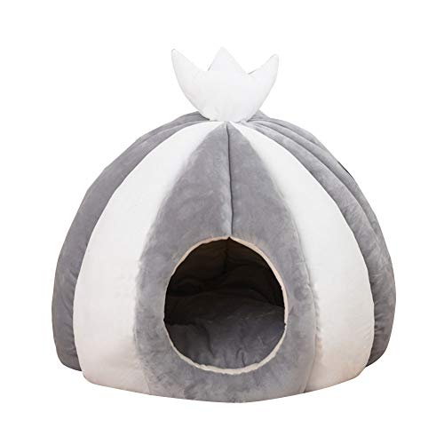 HONGBI Halbgeschlossen Warme Winter Dicker Velours Kuschelhöhle mit Wendekissen Katzenkorb,Rutschfestes Welpenhaus Kuscheliger Schlafplatz Katzenbett für kleine Hundekatze Grau 50 * 50CM