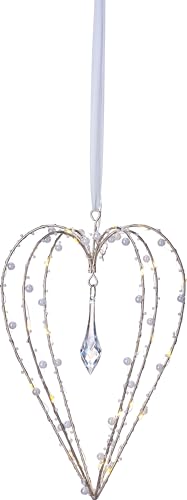 LED-Hängedeko Herz mit Perlen Silberglänzendes Lichter-Herz mit 30 warmweißen LEDs – Höhe 25 cm – Batteriebetrieb & Timer