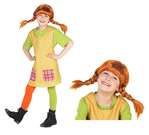 Maskworld Pippi Langstrumpf Komplett Kostüm für Kinder - 4teilig mit Perücke - grün/gelb Lizenz Filmkostüm (122/128)