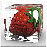 ARTland Glasbilder Wandbild Glas Bild einteilig 20x20 cm Quadratisch Früchte im Eiswürfel Obst Cocktails Bar Erdbeere Rot T5OU