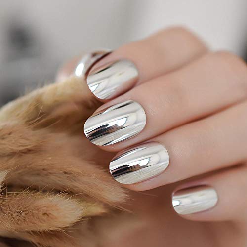 CSCH Künstliche Nägel Spiegeleffekt Kurze Nägel Ovale Silber Reflective Designed Fashion Metall Maniküre Nägel Künstliche Dame Daily Wear 24
