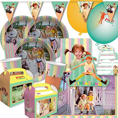dh-konzept/spielum 77-teiliges Party-Set - Pippi Langstrumpf -Teller Becher Servietten Platzsets Wimpelkette Einladungen Luftballons Partyboxen Trinkhalme für 8 Kinder