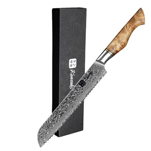 Kensaki Brotmesser aus Damaszener Stahl Küchenmesser Japanischer Art hergestellt aus 67 Lagen Damaststahl – Kiniro Serie, KEN-024