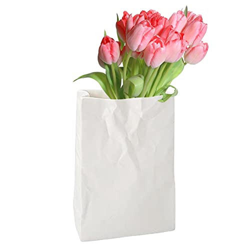Crinkle Keramikvase – Buch Blumenvase – weiße Papiertüte Keramikvase, einzigartige quadratische breite Öffnung, plissiert, kleine Vasen für Zuhause