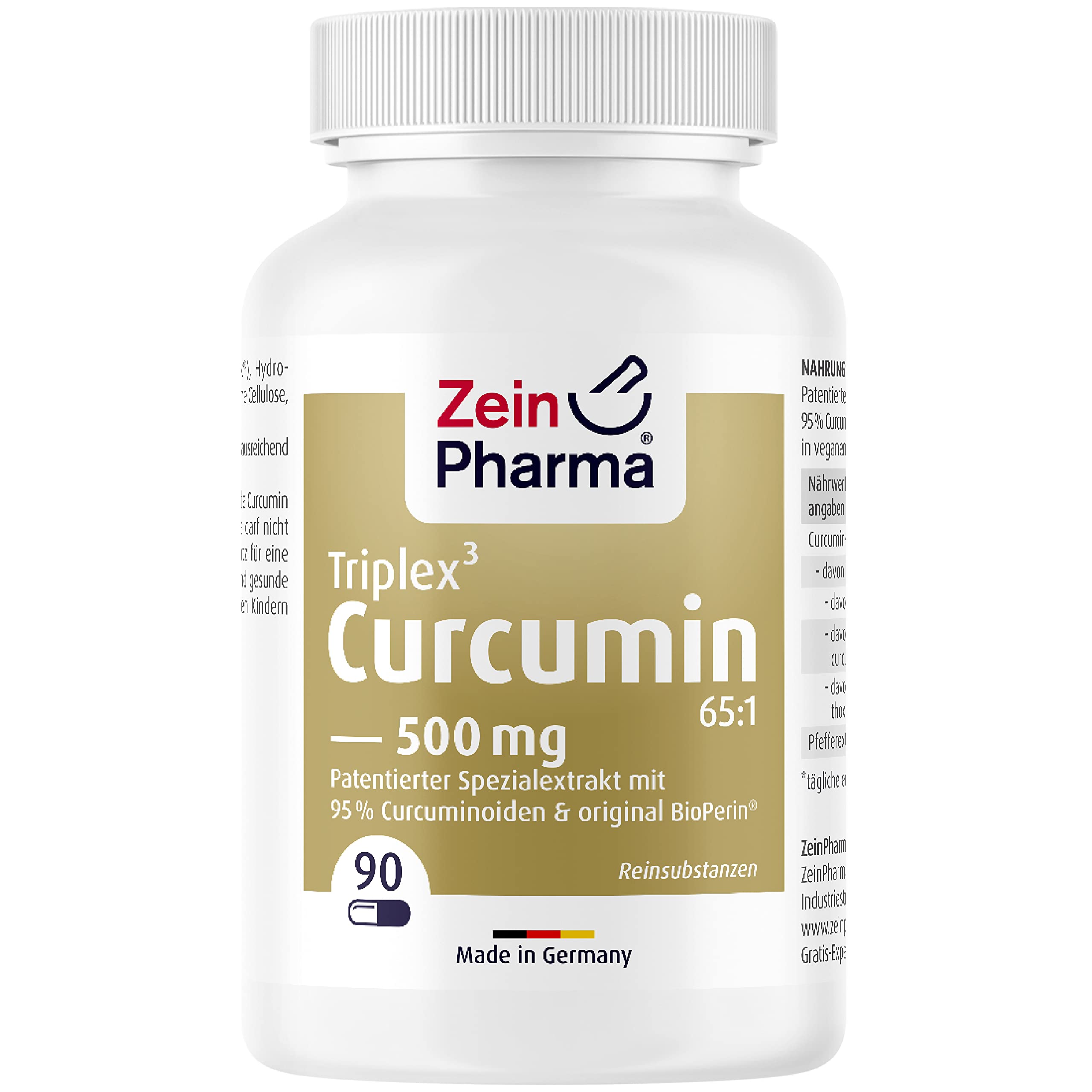 ZeinPharma Curcumin-Triplex³ Kapseln 90 Kapseln 500mg - Curcuma Piperin Kapseln hochdosiert mit 95% Extrakt, Nahrungsergänzungsmittel vegan, laborgeprüft