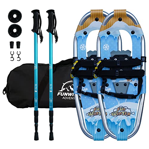 FunWater 3 in 1 Leichte Schneeschuhe für Herren Damen Aluminium Schneeschuh mit Größenverstellbaren Trekkingstöcken Bergausrüstung Wandern auf Schnee Rutschfester Schneeschuh (19 Zoll, Blau)