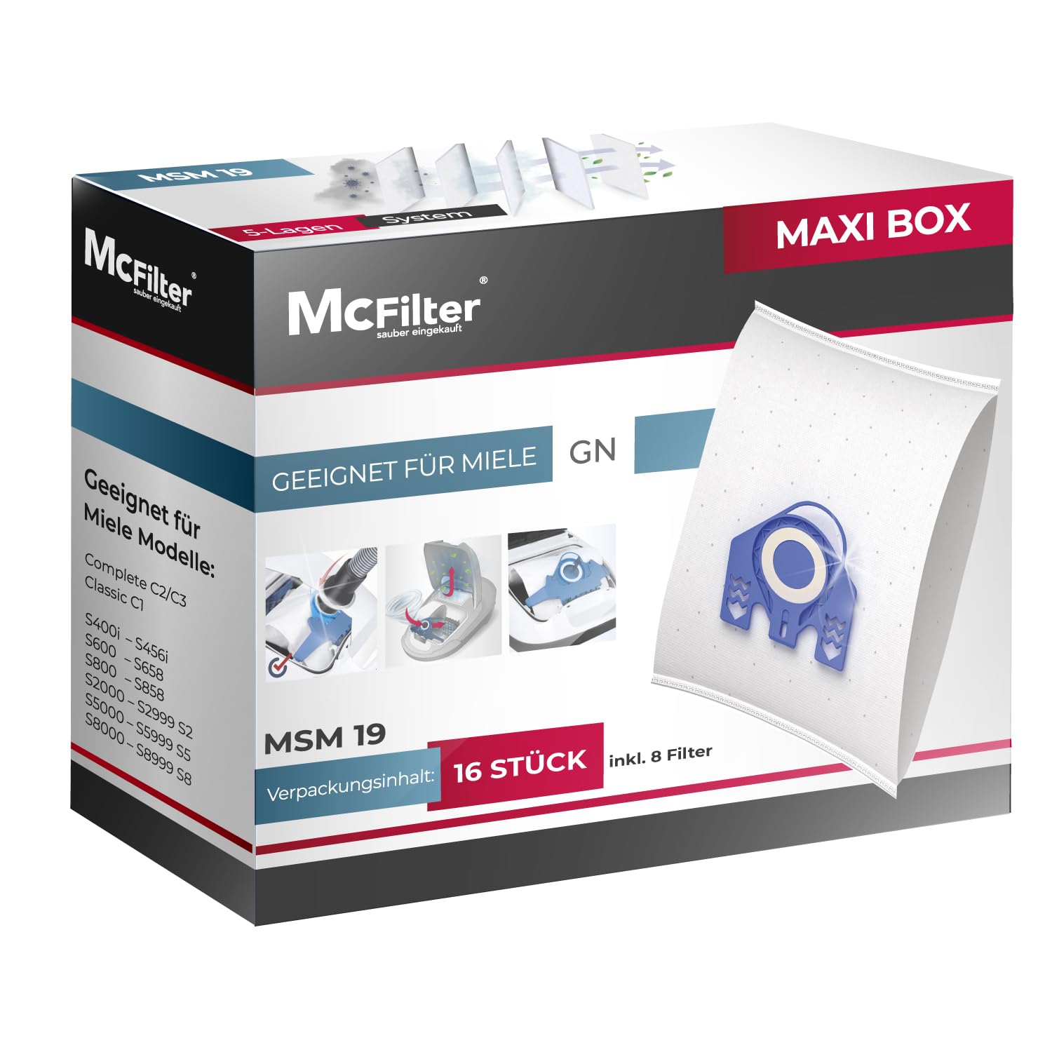 McFilter | 16 Staubsaugerbeutel geeignet für Miele Staubsauger Electronic 2100/2200 / 2210 | Staubbeutel inkl. 8 Filter | MAXI BOX