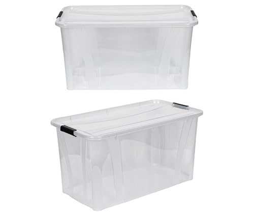 Kreher® XL Aufbewahrungsboxen mit Deckel aus Lebensmittel-geeignetem Kunststoff in Transparent. Stapelbare Lagerboxen für Haushalt, Garage, Industrie (80 Liter, 2er Set)