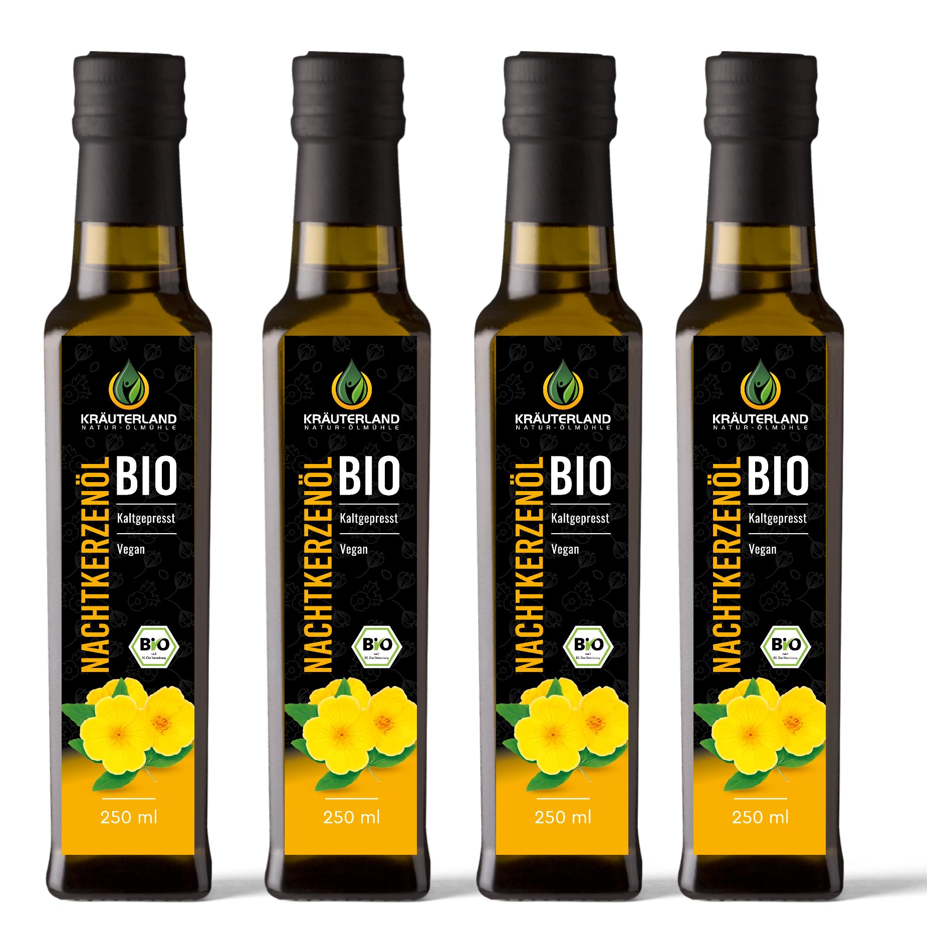 Kräuterland Bio Nachtkerzenöl 1L - 4x250ml Nachtkerzensamenöl, kaltgepresst, naturrein, vegan - Speiseöl zum Kochen & pur Einnehmen, auch in weiteren Flaschengrößen 250ml & 500ml - Premium Qualität
