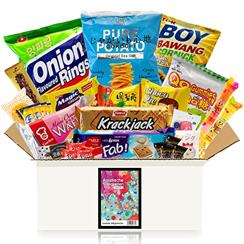 Asiatische Süßigkeiten Box mit über 30 Snacks - Asia Candy Mix mit Chips, Schokolade, Crackern und Keksen aus Korea, Taiwan, Japan, China, Thailand, Indien uvm. - Probierbox Spezialitäten aus Asien
