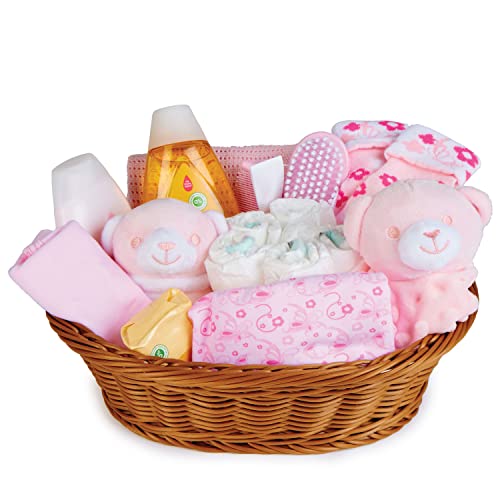 Baby Box Shop - Korb für Baby Shower Mädchen mit Baby Sachen, Notwendigen für Neugeborene, Tuch, Einhorn Schnuller und Rassel