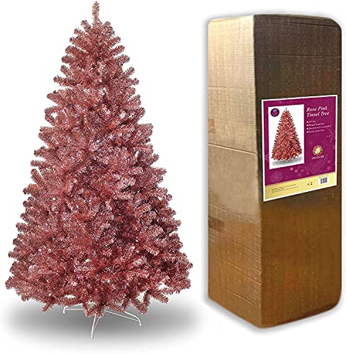 SHATCHI Künstlicher Weihnachtsbaum, Rose, Pink, glänzende Lametta-Spitzen, buschige Optik, luxuriöse Scharnierzweige, Weihnachtsdekoration, 152 cm