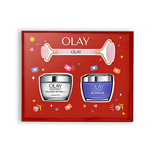 Olay Geschenkset mit Box und Gesichtsroller, Collagen Peptides 24 Creme und Retinol-Creme