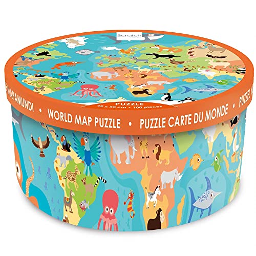 SCRATCH 276181117 Puzzle für Kinder, Weltkarte mit Tieren, Kinderpuzzle 100 Teile