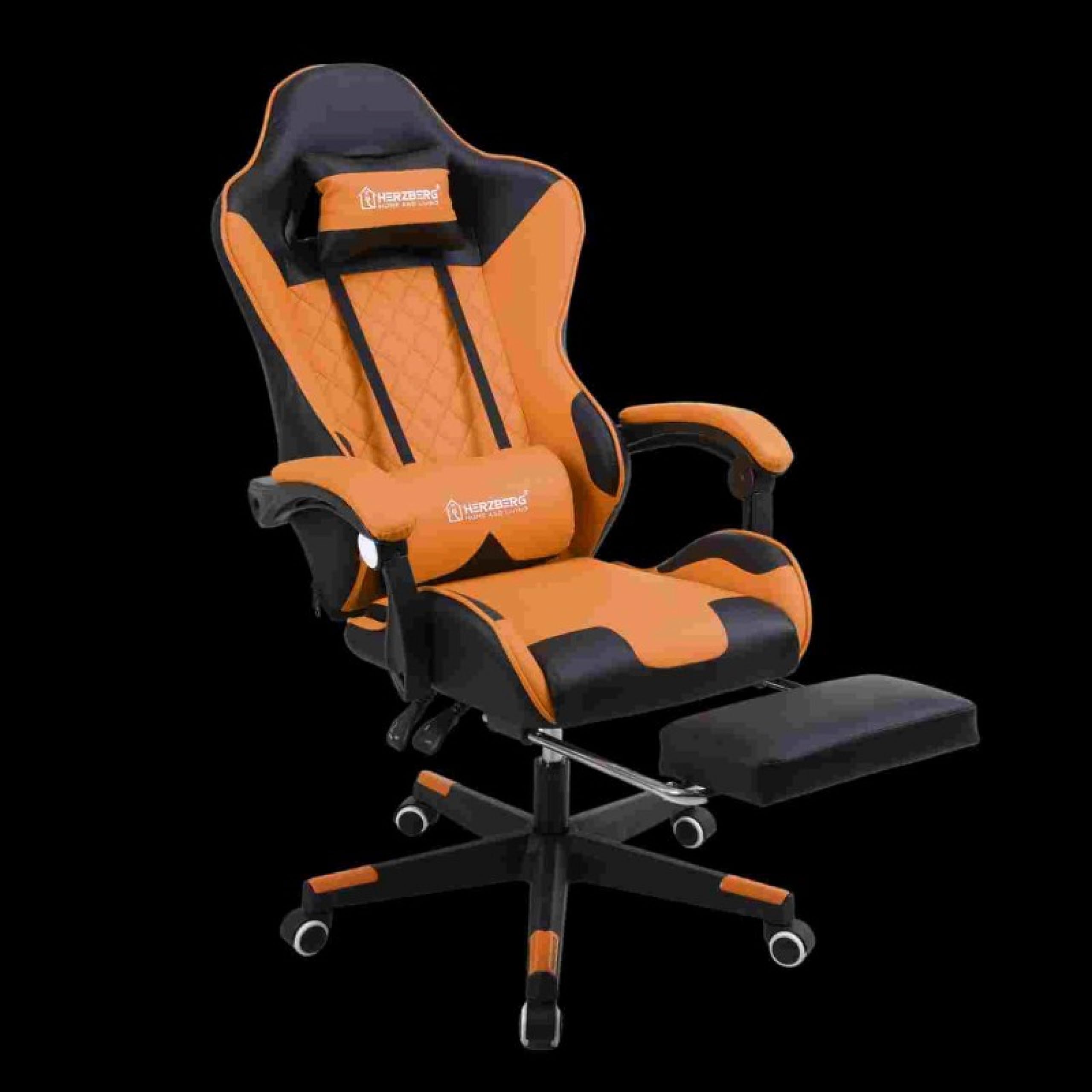 Herzberg, HG8081-ORG Büro-und Gaming-Stuhl, PVC-Leder, verstellbar, gepolstert, mit Nackenkissen und Lendenwirbelstütze, 360 Grad drehbar, maximale Traglast: 120 kg, Orange, L