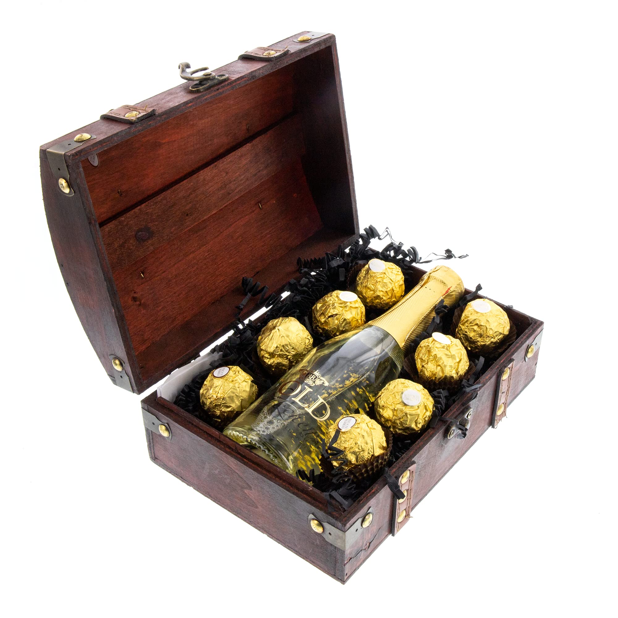 Bull & Bear Geschenk Mini-Truhe Gold-Schätzchen, Truhe ca. 22 x 15 x 9,5cm, mit 0,2l Sekt mit echtem Blattgold 22 Karat und 8 Rocher Pralinen