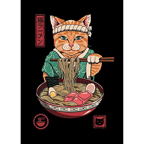 Japanische Samurai Katze Poster und Drucke Ramen Nostalgie Qualität Cartoon Leinwand Gemälde Tier Wandkunst Bilder für Wohnkultur (70X100cm ohne Rahmen, MM-1)
