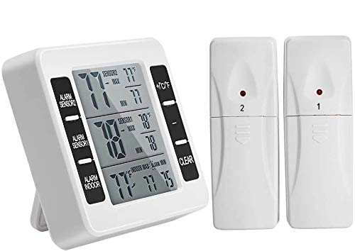Kühlschrank Thermometer, Digitales Gefrierthermometer, Kühlschrankthermometer Innen und Außen Thermometer LCD Display mit 2 Sensoren,Temperatur Alarm,MIN/MAX