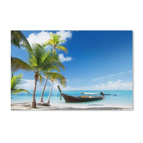 Kinder Karton Puzzle 1000 Teile，Palmen, Boot, tropisches Meer, Strandsand, Wolken，Modern Zuhause Dekoration Einzigartiges Geschenk（52x38cm）-A19