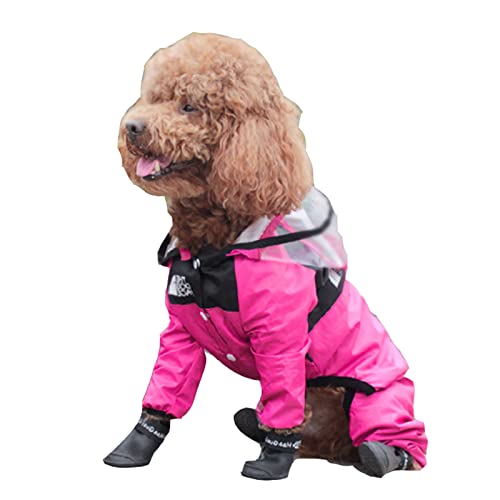 Kapuzen-Hunderegenmantel Ganzkörperbedeckung Regenjacke Transparente Kappe Leinenloch Vierbeiniger wasserdichter Mantel (XS-4XL) für kleine mittelgroße Hunde