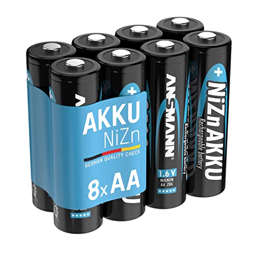 ANSMANN Nickel-Zink Akku AA 1,6 Volt 1600 mAh (2500 mWh) Mignon NiZn/Ni-Zn Accu AA wiederaufladbare Batterien AA - Ersatz für 1,5V Einwegbatterien im 8er Spar-Bundle
