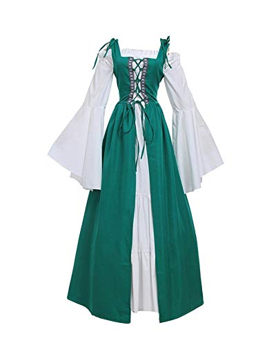Mengyu Damen Mittelalter-Kostüm Langarm Vintage Retro Mittelalterkleid Gothic Prinzessin Kleid Grün1 3XL