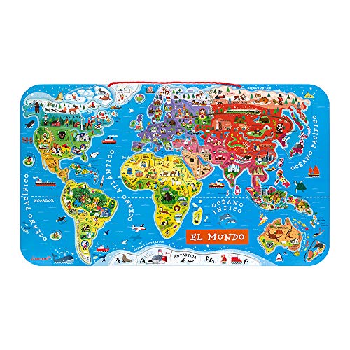 Janod J05503 Puzzle Magnetische Landkarte Die Welt aus Holz 92 Teile, Spanisch