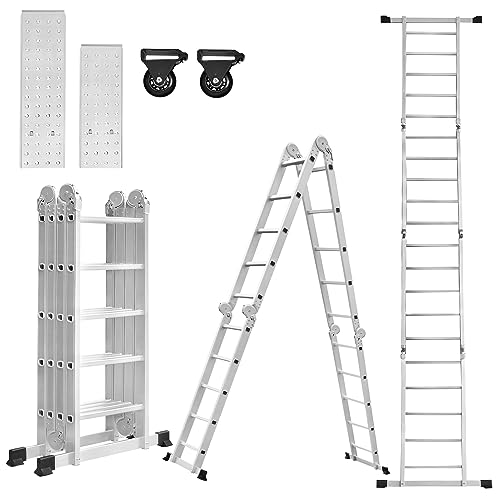 ACXIN Aluminum Mehrzweckleitern, 4x5 Stufen Gerüst Leiter, Ausziehbar Treppenleiter mit 2 Arbeitsplattform, Klappbare Stehleiter, Arbeitsbühne Schiebeleiter für Haus, Werkstatt (5,8m)