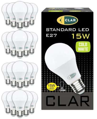 CLAR - LED E27 Kaltweiß, LED Glühbirne E27, LED Birne E27, Glühbirne E27, Leuchtmittel E27, LED Glühbirne, Glühbirne LED, LED E27 100W-120W, 15W 6500ºK (Pack 20)