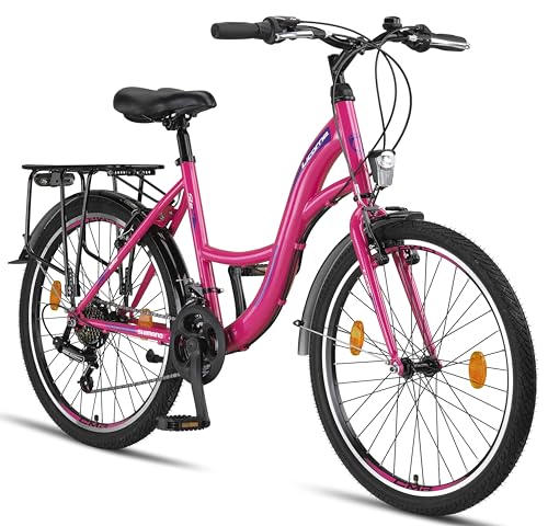 Licorne Bike Stella (Rosa) 24 Zoll Kinderfahrrad, CTB ab 135 cm, Fahrrad-Licht, Shimano 21 Gang-Schaltung, Damen-Citybike, Mädchen-Citybike, Mädchenfahrrad, geignet für 8,9,10,11, Mädchen, Fahrrad