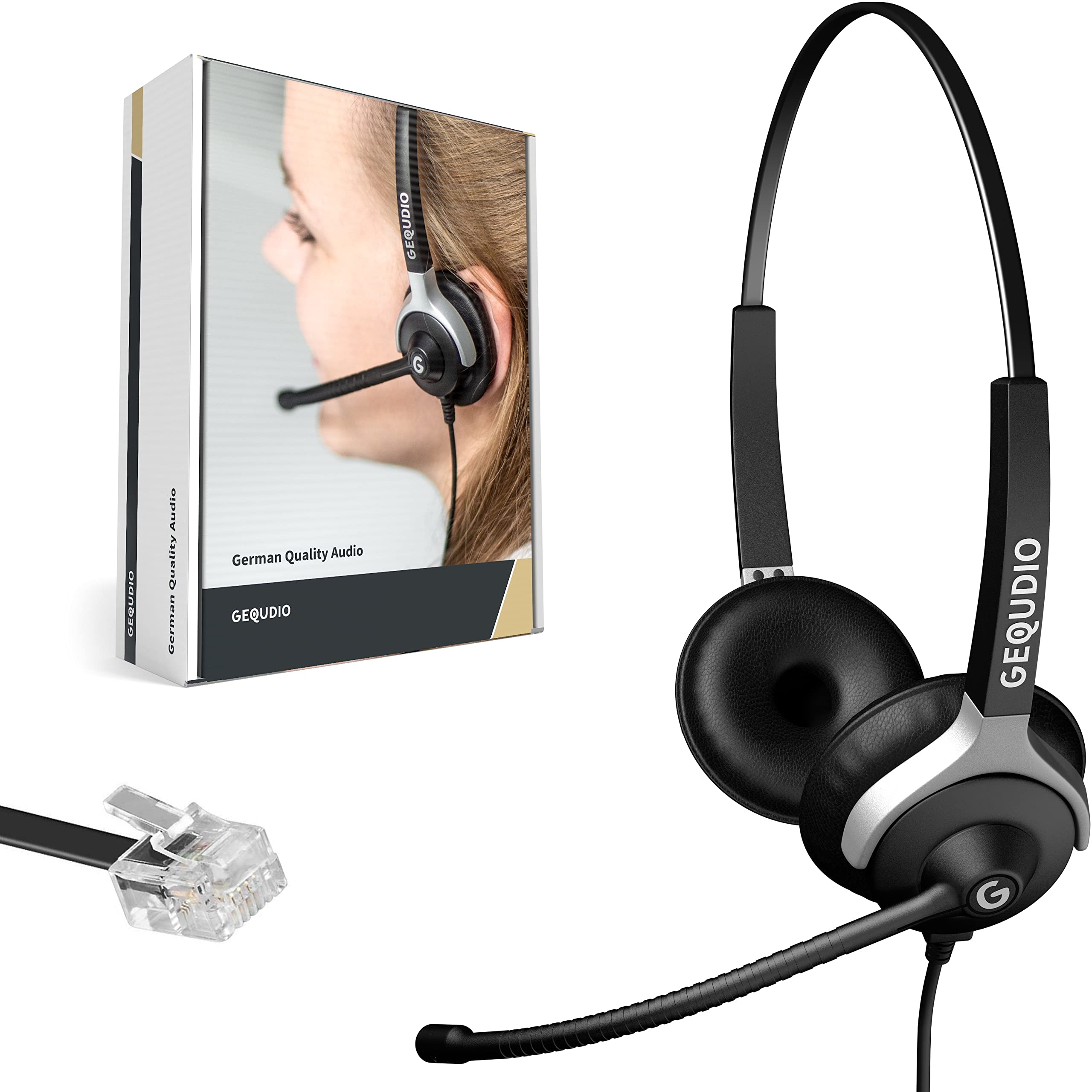 GEQUDIO Headset kompatibel mit Unify OpenStage 30 40 80 80 und OpenScape Serie Telefon - inklusive RJ Kabel - Kopfhörer & Mikrofon mit Ersatz Polster - besonders leicht 80g (2-Ohr)