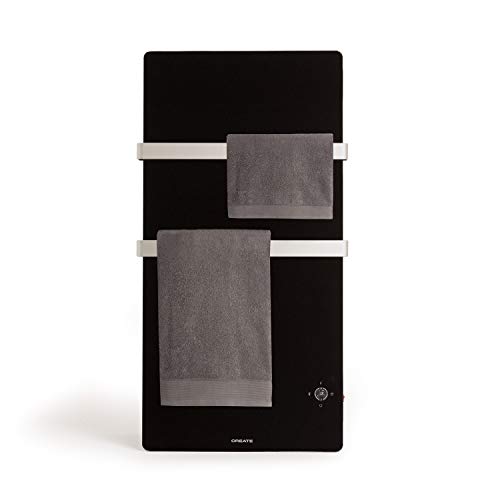 Create IKOHS Warm Towel Cristal – elektrischer Handtuchhalter aus Glas mit WiFi, 600 W, Fernbedienung, Doppel-Haken, LED-Display, Wochen- und 24-Stunden-Timer (schwarz)