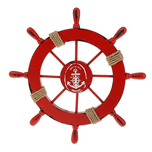 LIOOBO Steuerrad mit Anker Schiffssteuerrad Holz Wanddeko Maritime Deko Vintage Steuerrad Deko 28CM (Rot)