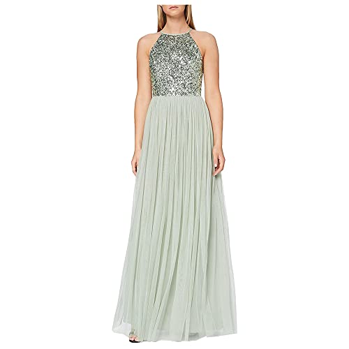 Maya Deluxe Women's Sage Green Embellished Halter Neck Maxi Bridesmaid Dress, 36