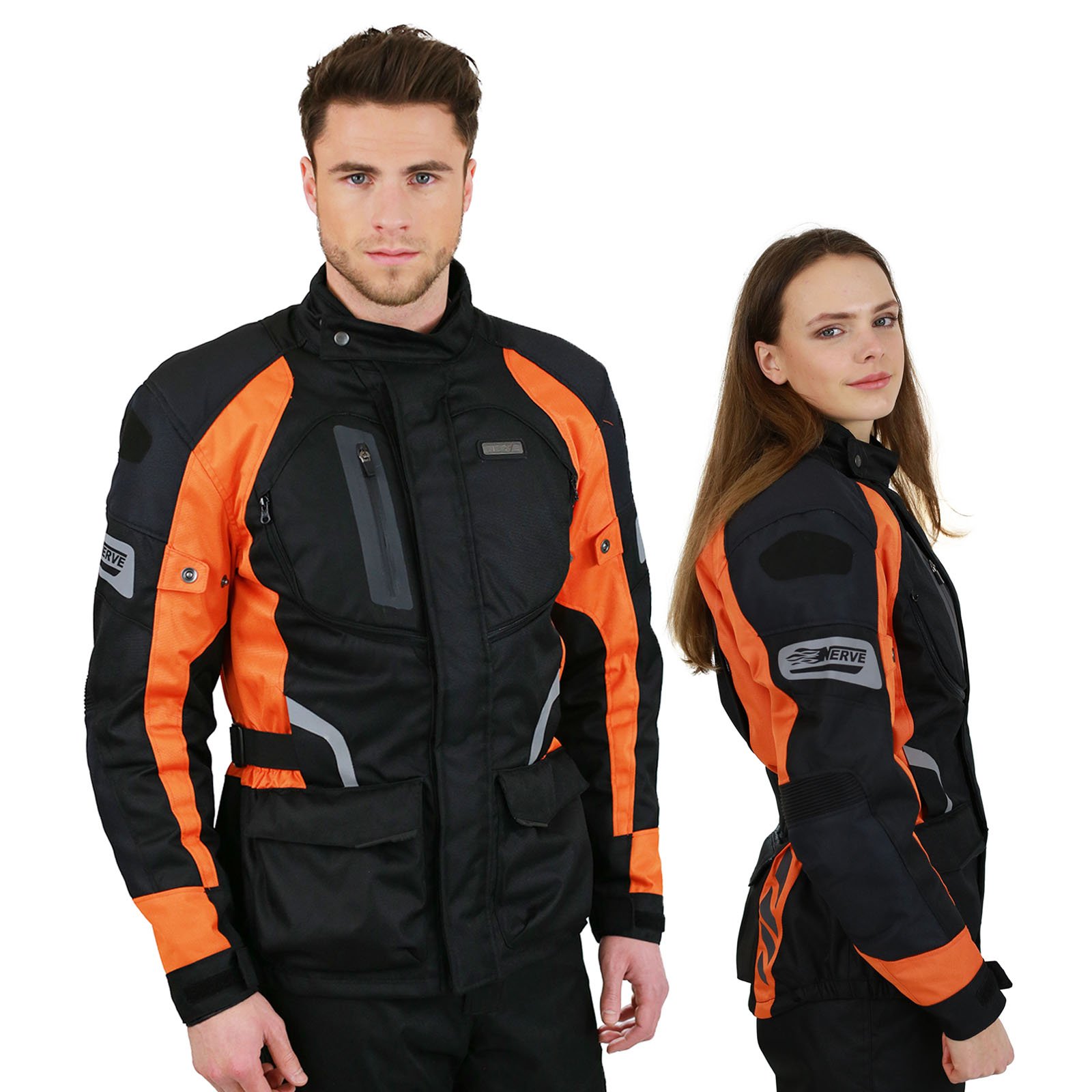 Nerve Shop Motorradjacke -Spark- Sommer Winter Motorrad Roller Jacke Protektorenjacke Textil Herren Wasserdicht mit Protektoren - Schwarz-Neon-Orange - XL