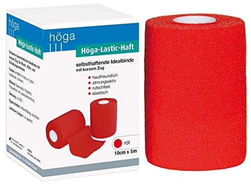 Höga-Lastic-Haft rot, kohäsive (selbsthaftende) Idealbinde mit kurzem Zug - 10 cm x 5 m gedehnt, atumungsaktiv, rutschfest, elastisch