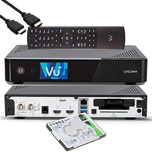 VU+ UNO 4K SE - UHD HDR 1x DVB-S2 FBC Sat Twin Tuner E2 Linux Receiver, YouTube, Satellit Festplattenreceiver, CI + Kartenleser, Media Player, USB 3.0, EasyMouse HDMI-Kabel & 1TB HDD Festplatte