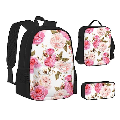 TOMPPY Büchertasche mit Blumenmuster und rosa bedruckt, mit Lunchtasche und Federmäppchen für Elementarität, 3-teiliges Rucksack-Set, Schwarz , Einheitsgröße, Schulranzen-Set