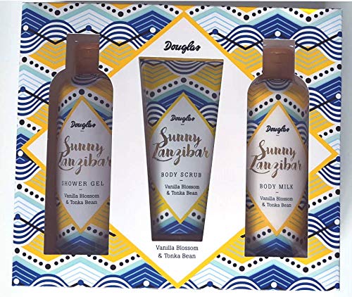 Geschenkset Sonniges Zanzibar Vanille Blüte & Tonka Bohne (250 ml Duschgel + 150 ml Körperpeeling + 250 ml Körpermilch)