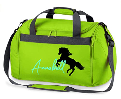 Reittasche mit Namensdruck personalisiert | Motiv aufsteigendes Pferd mit Name | Trage- und Sporttasche für Mädchen zum Reiten in vielen Farben verfügbar (apfelgrün)
